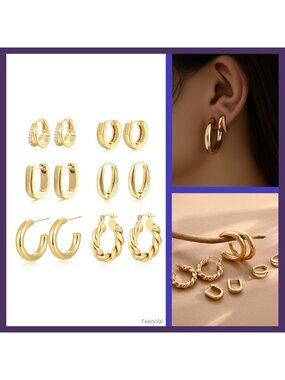 Chunky Hoop Earrings Set 9 Pairs Hypoallergenic Brass
